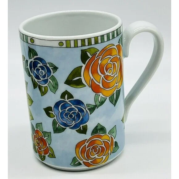 Dansk Danika Rose Coffee Mug Orange Blue Red Roses 4 inch 10 ounce 2015 Lot of 2 - Picture 8 of 11